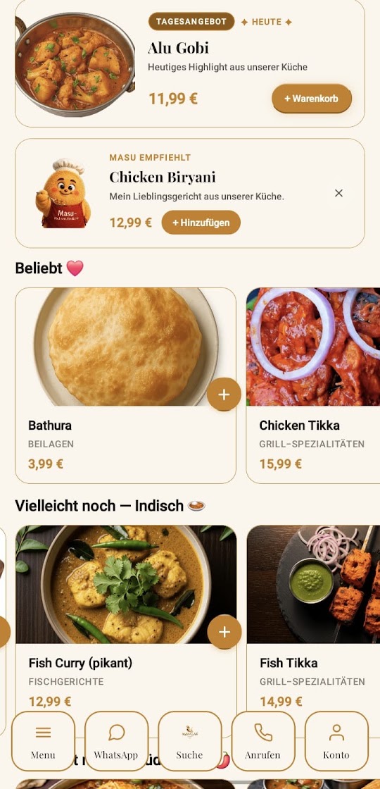 Masalas App – Speisekarte