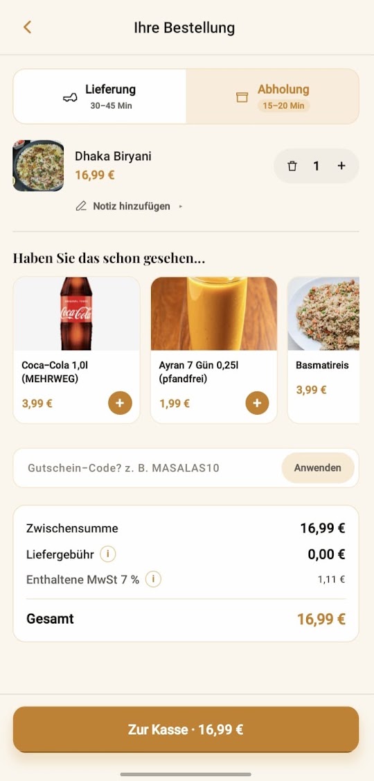 Masalas App – Warenkorb